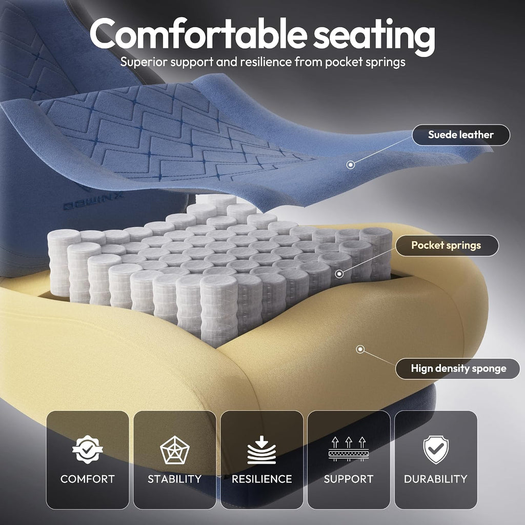 Dowinx Gaming Chair with Heated Massage Lumbar Support,Big and Tall Fabric Gaming Chairs for Adults with Footrest, Ergonomic Computer Game Chair with Poket Spring Cushions, 350lbs, Blue - Image 5