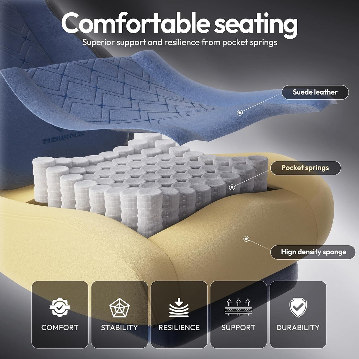 Dowinx Gaming Chair with Heated Massage Lumbar Support,Big and Tall Fabric Gaming Chairs for Adults with Footrest, Ergonomic Computer Game Chair with Poket Spring Cushions, 350lbs, Blue - Image 5