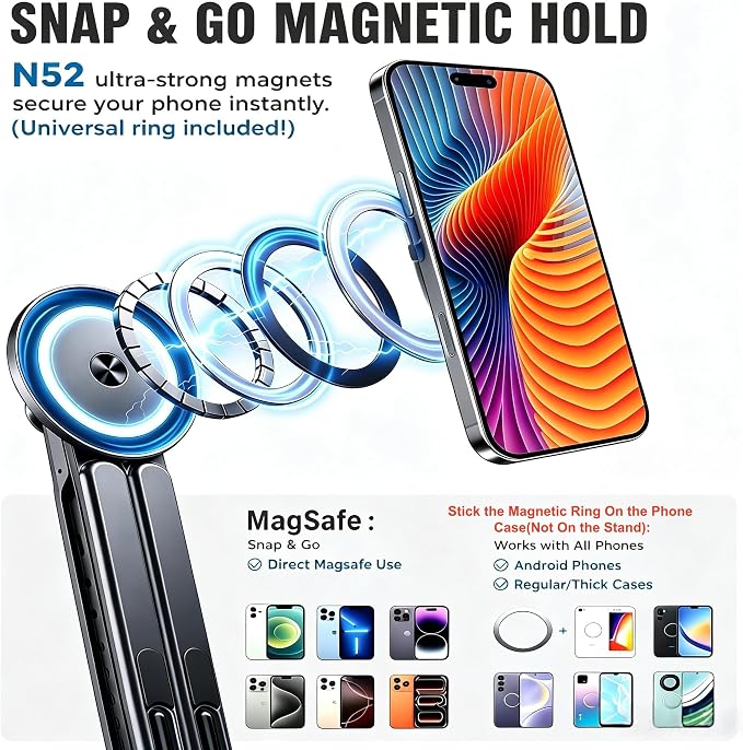 4-in-1 Foldable Laptop Stand with N52 Magnetic Phone Holder, Portable Aluminum Computer Stand for MacBook/ iPad/ Tablet, Adjustable Ergonomic Desk Stand for Home Office College Dorm & Travel Giftable - Image 3