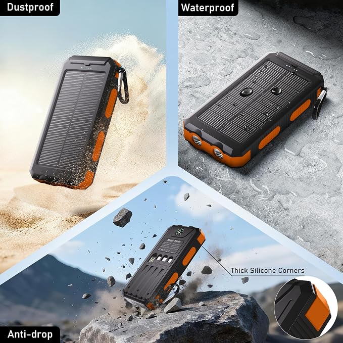 Durecopow Solar Charger Power Bank 20,000mAh, Portable Charger, 4 Cables 3 Ports Fast Charging External Battery Pack with USB C for Cell Phones, Solar Panel Charger with Dual Flashlight for Camping - Image 8