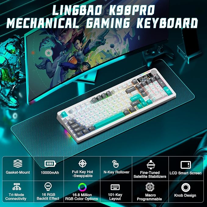 LINGBAO K98 PRO 96% Wireless Mechanical Gaming Keyboard with Screen & Knob | Tri-Mode BT5.0/2.4G/USB-C, Gasket Mount Hot Swappable Linear Switches, RGB Backlit Creamy Sounding for PC/Mac Office& Gaming - Image 2