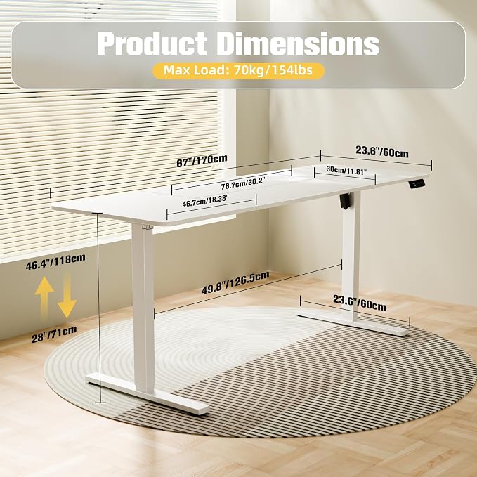 67"x24" Standing Desk, Height Adjustable Sit-Stand Home Office, White | Electric Adjustable Standing Desk, Sit to Stand Computer Office Desk with Splice Board, Memory Preset, Lifts 28''-46.5" - Image 3