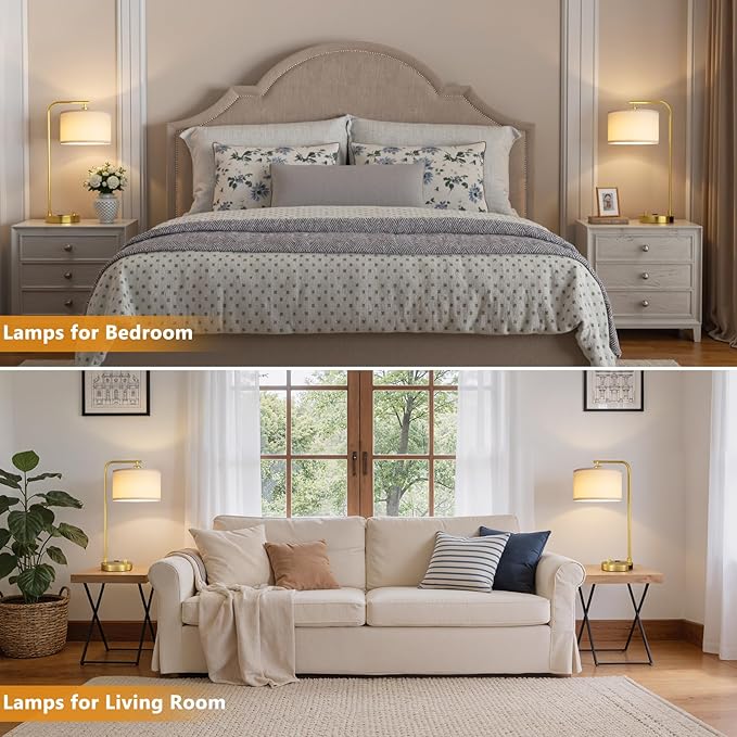 Gold Bedside Lamps Set of 2, Fully Dimmable Lamps for Night Stands, USB A+C | Modern, Linen Lampshade, USB Port and Outlet, Tall Desk Lamps for Bedroom, Nightstand, Living Room, Home Office, End Table - Image 5