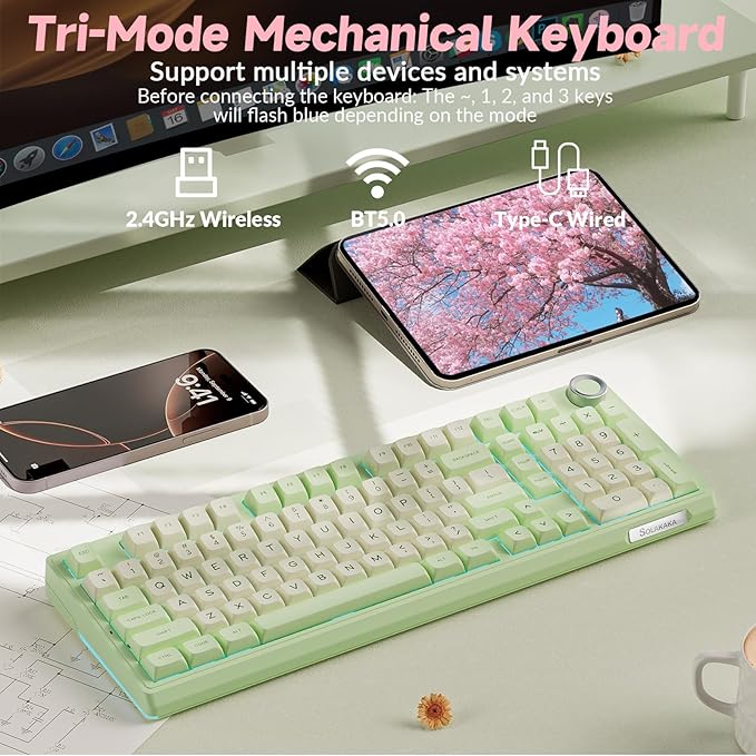 SOLAKAKA KI99 Pro Wireless Mechanical Keyboard Quiet Switch,Hot Swappable Pre-Lubed Switches Silent Keyboard with RGB Backlit,Gasket Structure Computer Gaming Keyboards(GreenWhite, Silent Switch) - Image 3