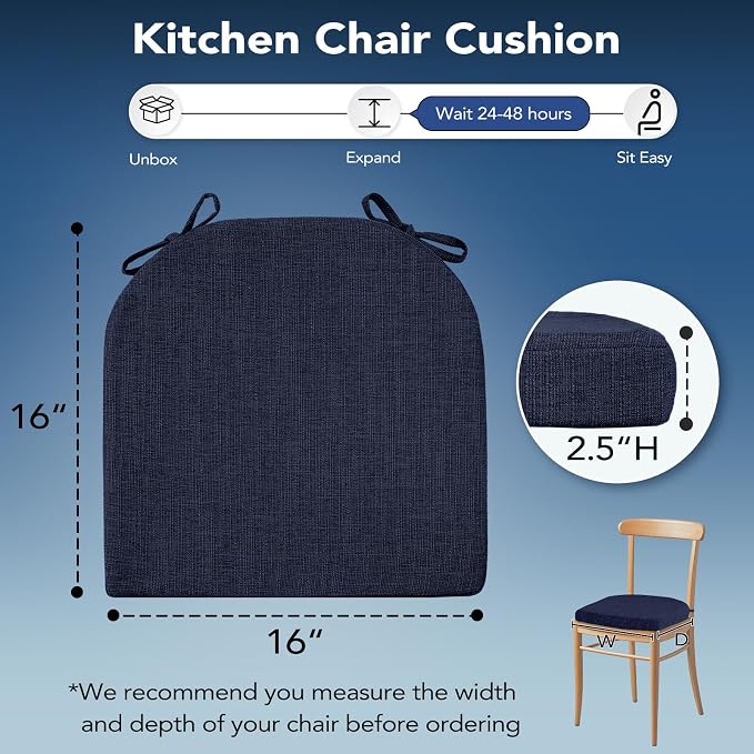 Chair Cushions for Dining Chairs, Non Slip Chair Pads with Ties and Washable Covers, Memory Foam Kitchen Chair Cushions Set of 6, 16"X16"X2.5", Navy - Image 2