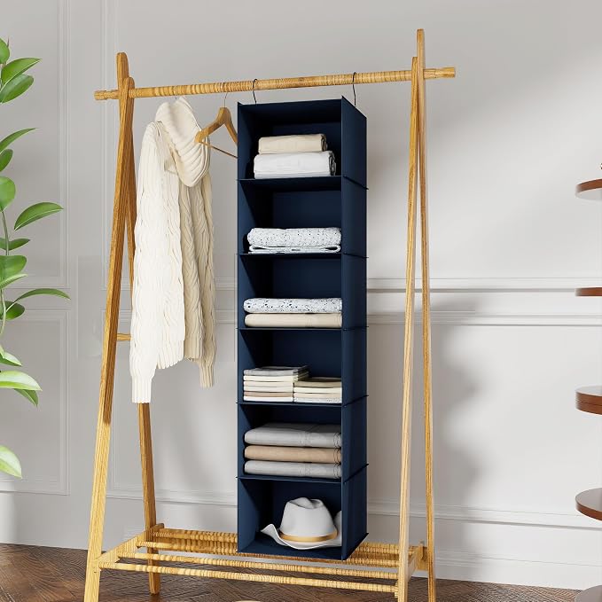 Hanging Closet Organizer 6-Shelf, Oxford Fabric Wardrobe Storage, Navy Blue | Easy-mount foldable design holds clothes, handbags, shoes & accessories; washable Oxford fabric, sturdy and space-saving. - Image 2