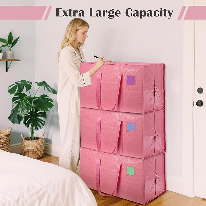 12 Pack Moving Bags with Full-Open Side Zipper, Extra Large 93L Heavy Duty Waterproof Foldable Storage Totes for College Dorm, Moving & Home Organization Pink - Image 5