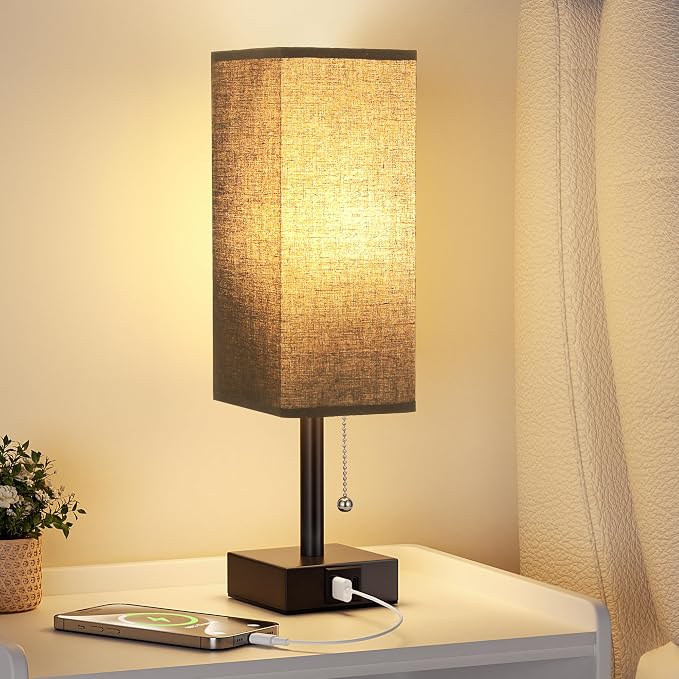Black Bedside Table Lamp for Bedroom - Desk Lamp For Nightstand, USB C+A | Pull Chain Lamp, 3 Color Modes(3000K/4000K/5000K), E26 LED Bulb Included, Square Black Fabric Lampshade, for Read, Work, Dorm by Aooshine