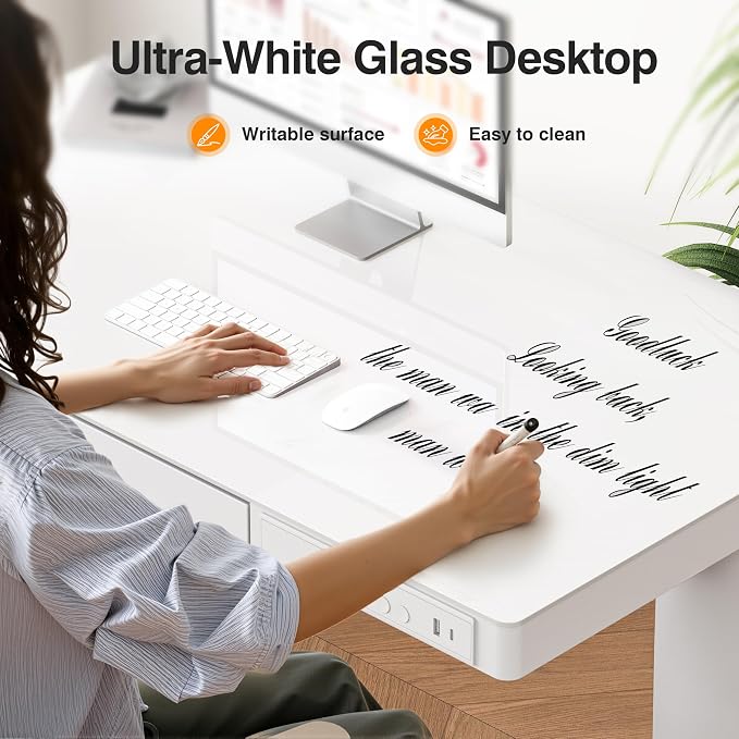 Monomi 35x20" Glass Electric Standing Desk with Drawer and Wheels, White - Image 3