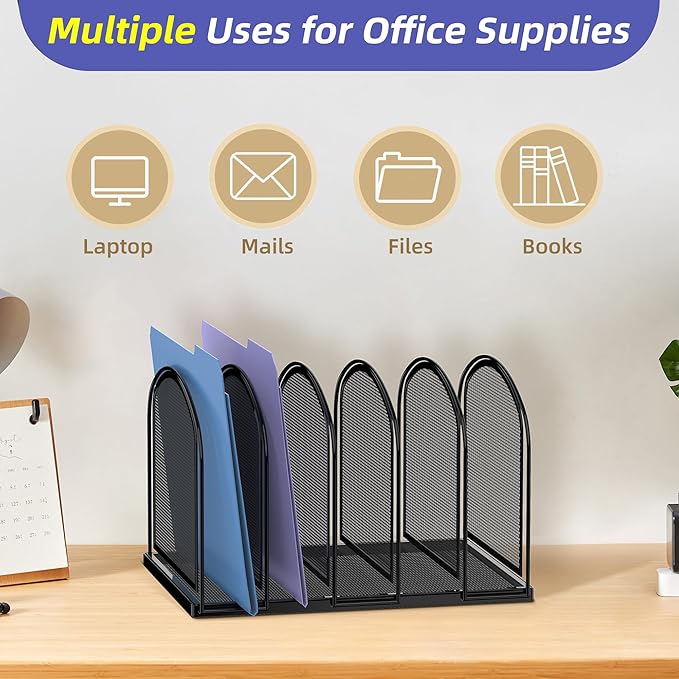 5-Section File Organizer for Desk, Metal File Folder Holder, Black | 5 Vertical Compartments with Sturdy Metal Base for Office Documents Books Magazines and Laptop - Image 6