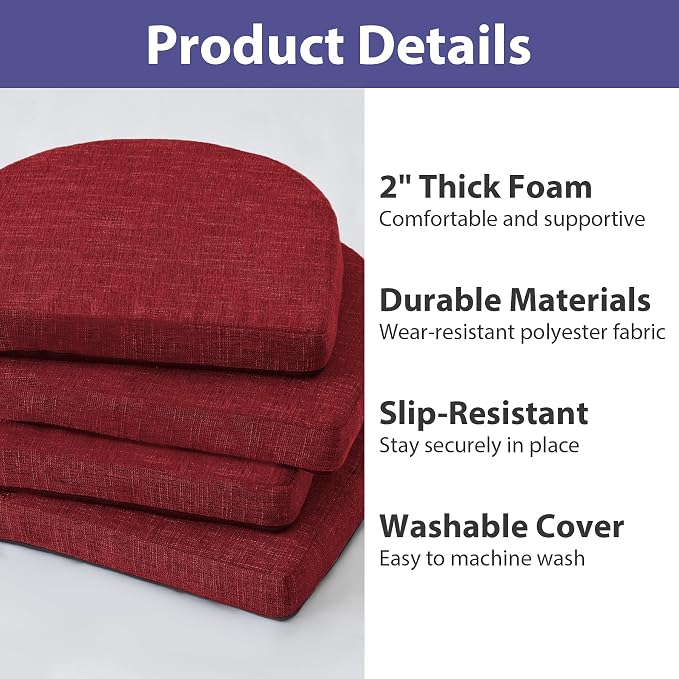IPYNBAP Chair Cushions for Dining Chairs, Kitchen Chair Cushions, 16'' x 16'' x 2'', Non Slip Indoor Seat Cushions, Chair Pads for Dining Chairs with Ties & Removable Cover, Set of 4, Red - Image 2