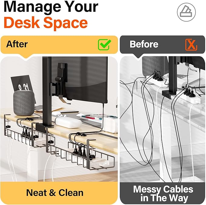 2 Pack Cable Management Under Desk Tray, 31.4" No Drill Under Desk Wire Management with Upgraded Clamp, Metal Cord Organizers for Desk with Cable Organizers, PC Cable Management Rack, Black - Image 3