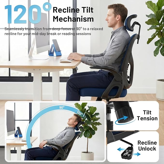 Office Chair Ergonomic Desk Chair with Adjustable Headrest Lumbar Support, High Back Breathable Mesh Chair with 120° Tilt & Flip-Up Armrests, Swivel Comfy Task Computer Chair for Work, Study - Image 5