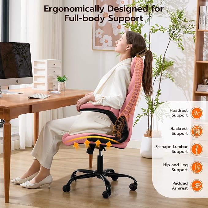 Ylzyxal Office Desk Chair, Ergonomic Computer Chair with Padded Flip-Up Arms and Adjustable Lumbar Support, PU Leather Executive Chair with Tilt Lock and 360° Swivel Rolling Wheels for Work, Study - Image 5