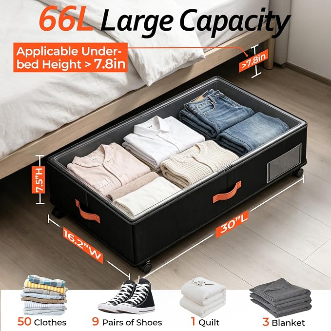 Scilulu Under Bed Storage with Wheels 4-Pack, 66L, 30" L x 16.2" W x 7.5" H | Rolling under bed drawers with sturdy frame, clear lids; underbed containers store clothes, shoes, blankets, toys & holiday - Image 2