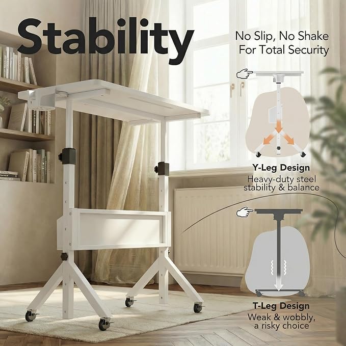 HUANUO Mobile Standing Desk with Wheels and Storage Basket, Height Adjustable 28.7"-46.1" Rolling Desk for Walking Pad, Small Space Laptop Computer Workstation for Home Office,White - Image 7