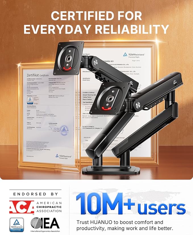 HUANUO FlowLift Pro Dual Monitor Mount for 13–27" Screens, MechaSpring Monitor Stand, Adjustable Monitor Arms for 2 Monitors with Tilt/Swivel/Rotation, Tool-Free VESA Mount, Max Load 15.4 lbs - Image 10