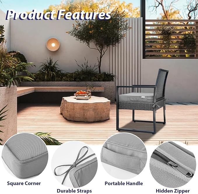 IPYNBAP Outdoor Chair Cushions Set of 4 -Waterproof Outdoor Seat Cushions for Patio Furniture, Patio Chair Cushion with Handle and Ties, Square Out Door Chair Pads,17" x 16" x 2", Grey - Image 5