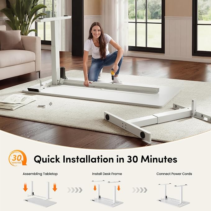 CubiCubi Electric Standing Desk 55 x 24 Inch, Height Adjustable Sit Stand Desk with Memory Presets, Splice Desktop Computer Desk for Home Office, White Frame/White Top - Image 9