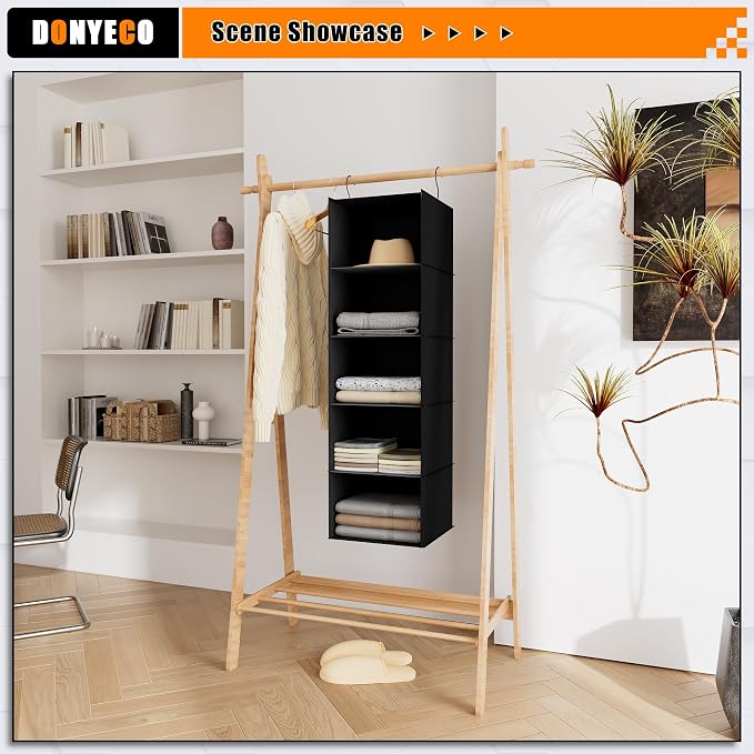 Hanging Closet Organizer 5-Shelf, Oxford Fabric Wardrobe Storage, Black | Easy-mount foldable design holds clothes, handbags, shoes & accessories; washable Oxford fabric, sturdy and space-saving. - Image 8
