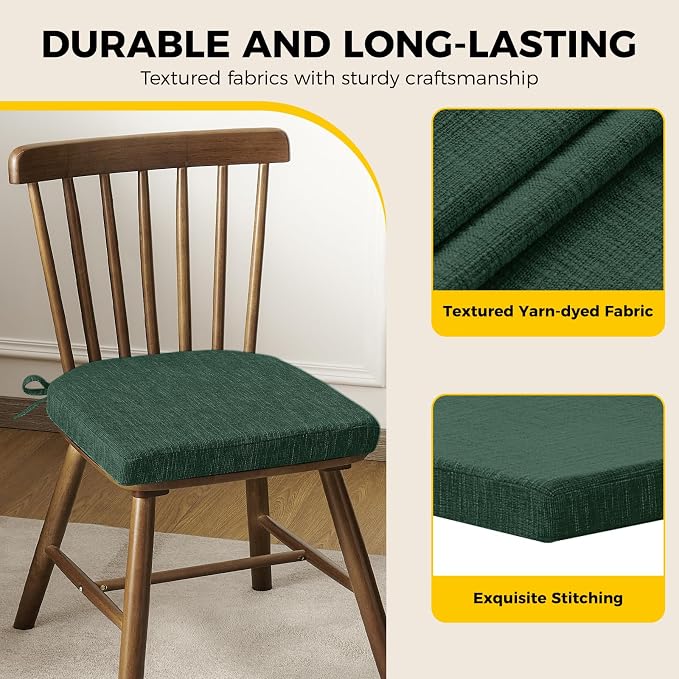 downluxe Indoor Chair Cushions for Dining Chairs, Soft and Comfortable Textured Memory Foam Kitchen Chair Pads with Ties and Non-Slip Backing, 16" x 16" x 2", Dark Green, 4 Pack - Image 6