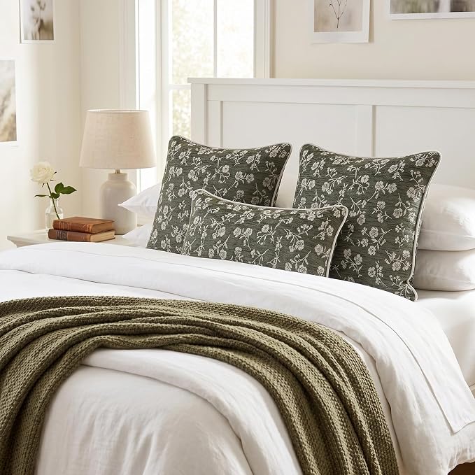 20x20 Chenille Jacquard Throw Pillow Cover, Olive Green Vintage Floral Cushion Case with Piped Edges, Decorative Large Accent for Sofa, Bed & Couch, 2 Pack - Image 7