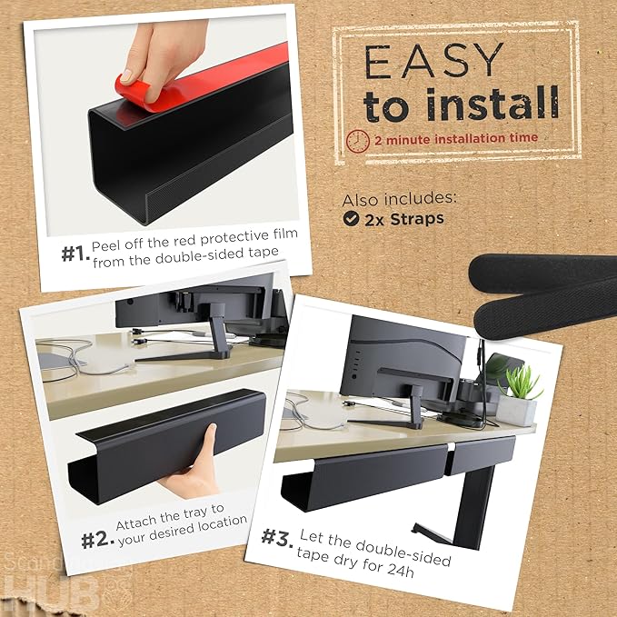 Scanfield Under Desk Cable Management Tray, No-Screw, 17-Inch, 2-Pack Black | Clear the Workspace Fast with Super Strong 24-Hour Cure Adhesive, 5″ Interior for Power Strips, Chargers and Bundled Cords - Image 3