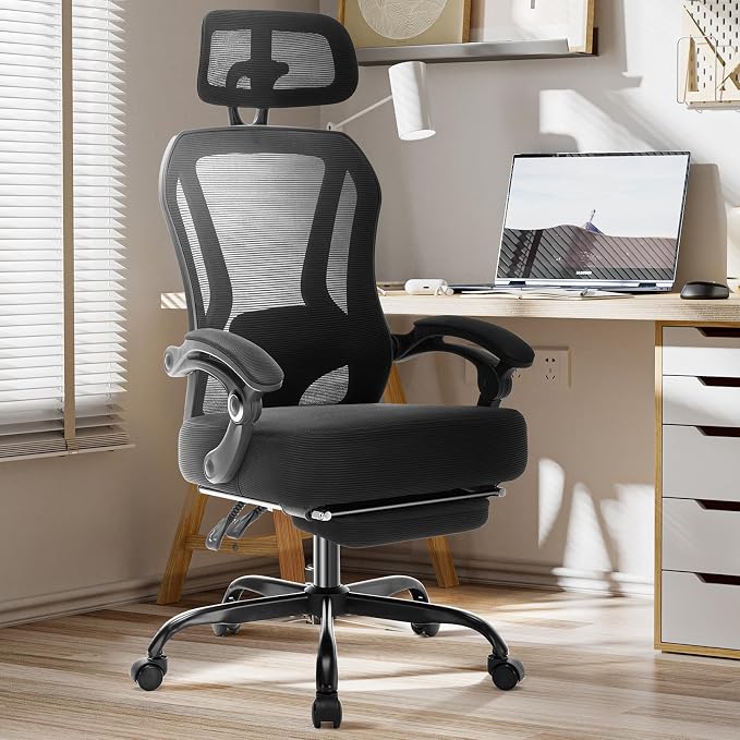 Ergonomic Office Chair with Footrest,Ultra Thick Desk Chair,Black | 150°Reclining,Mesh High Back,Adjustable 2D Lumbar Support and Headrest,4.8" Spring Cushion,Premium Computer Chair for Adults by TUKAKA