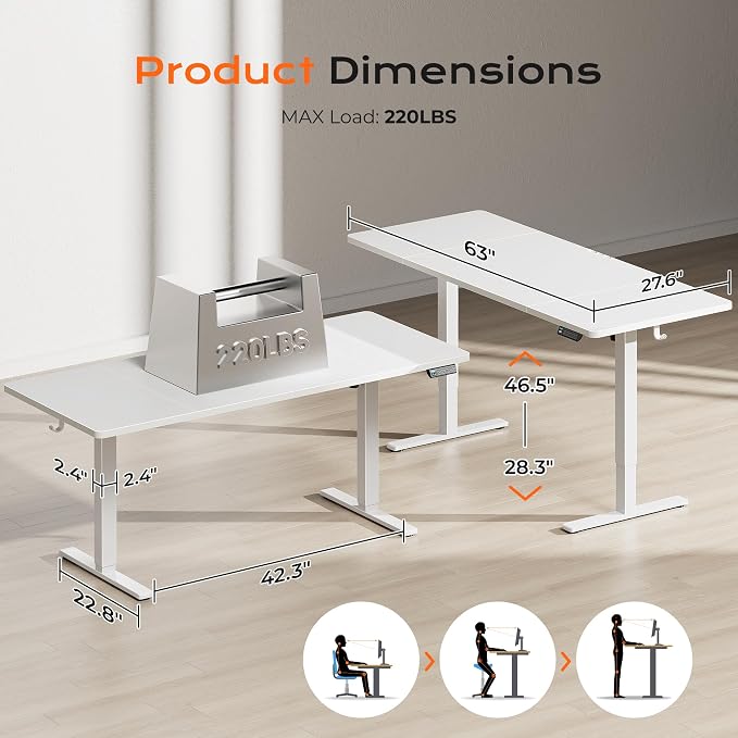 Huuger 63 x 28 Large Electric Standing Desk, Height Adjustable Computer Desk, 27.6" Deep Desktop, Stand up Gaming Office Table with 2 Hooks, 3 Preset Heights, for Home Office, White - Image 2