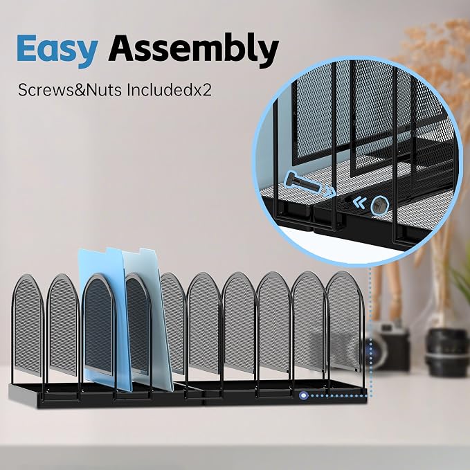 9-Section File Organizer for Desk, Metal File Folder Holder, Black | 9 Vertical Compartments with Sturdy Metal Base for Office Documents Books Magazines and Laptop - Image 3