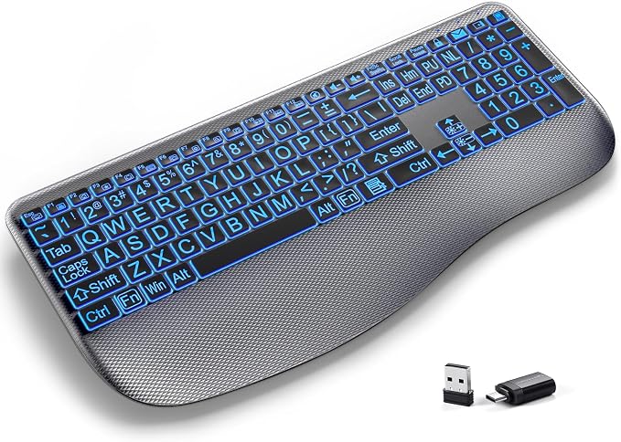Hamile Large Print Wireless Backlit Keyboard for Windows, Gray | Rechargeable keyboard with quiet low-profile keys, 7-color backlight memory, full-size layout, and extra-large wrist rest by Hamile