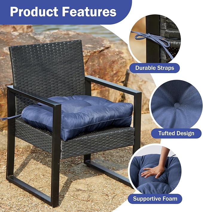 IPYNBAP Outdoor Chair Cushions Set of 2, Patio Chair Cushions with Ties, 17x17+4” Tufted Outdoor Seat Cushions, Waterproof Patio Furniture Cushions, Outdoor Dining Chair Pads, Navy - Image 5