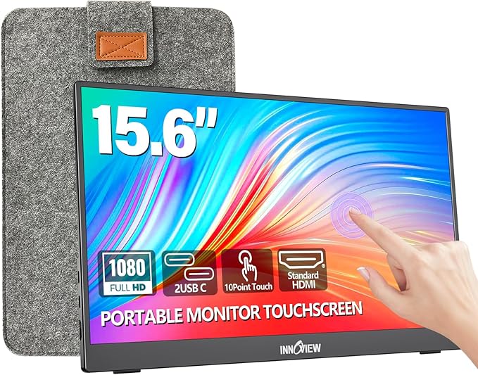 InnoView Portable Monitor Touchscreen 15.6" 1080P 10-Point Touch Screen Monitors Portable with Protective Sleeve Built-in Stand, 1200:1 HDMI USB C Travel Monitor for Laptop, PC, Mac, Phone, Switch by InnoView