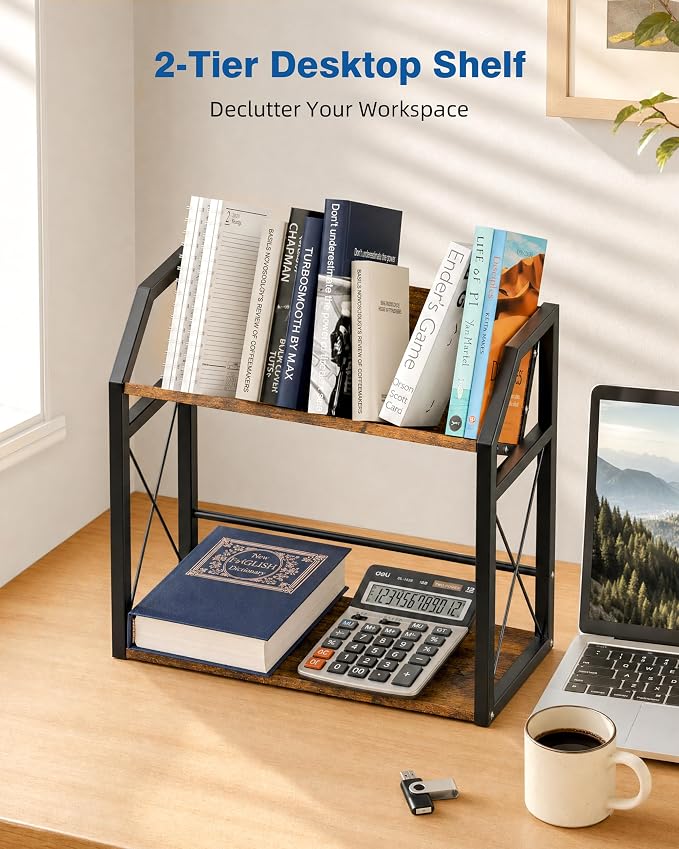Desktop Bookshelf, Wooden Desk Shelf Organizer, Brown | 2-Tier Desk Top Storage Rack for Office, Dorm, Bedroom Decor, Small Tabletop Shelf for Books, Plants & Accessories - Image 4