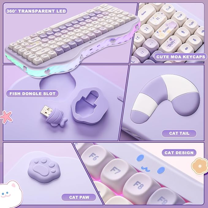 YUNZII C75 Cute 75% Wireless Mechanical Keyboard (Purple, Milk V2 Switch) | Creamy Cake Keyboard, BT5.0/2.4G/USB-C, Hot-Swap, NKRO, PBT MOA Keycaps,5500mAh RGB Gasket Mount for Mac/Win/Gaming/Office - Image 8