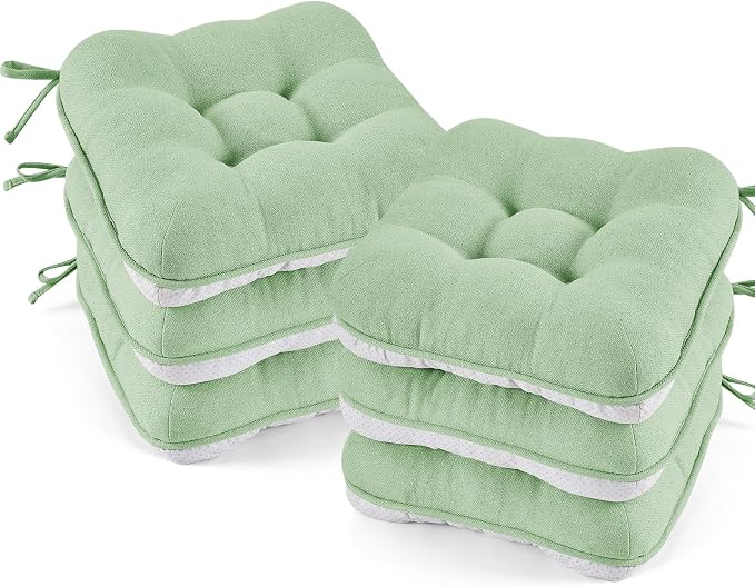 BETU Chair Cushions for Dining Chairs Set of 6,3.5" Thick Kitchen Table Chair Pads with Ties,Non Slip Backing and Covers, Home Decor Seat Cushion for Dining Room,Bar,Patio Chairs15.5"X15.5"X3.5"Green by BETU