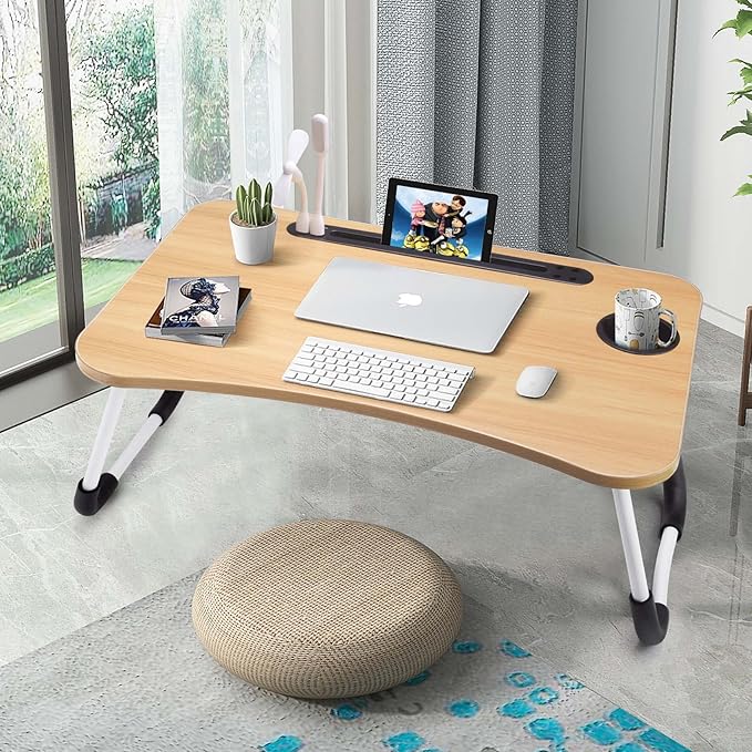 Slendor Foldable Lap Desk with Cup Holder for Bed, Couch, Floor | Portable,with USB Light, Fan, Pen Holder,Tablet Holder,for Laptop,Writing,Eating,Walnut - Image 3