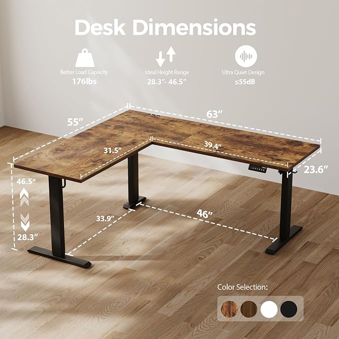 Agilestic L Shaped Standing Desk Adjustable Height, 63 Inch, Rustic Brown | Electric Height Adjustable, Spacious Corner Desktop, Sturdy Steel Frame, Memory Presets, 176 lbs, Splice Board - Image 2