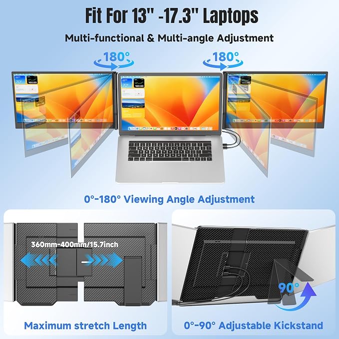 KEFEYA Laptop Screen Extender 15.6", FHD 1080P Portable Triple Monitor for Laptops 13-17.3", 0.16" Ultra-Thin Dual Laptop Monitor Extender for Windows/Mac/Dex/Chrome/Surface, Plug n Play - Image 7