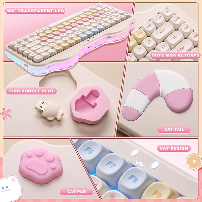 YUNZII C75 Cute 75% Wireless Mechanical Keyboard (Beige, Candy Switch) | Creamy Cake Keyboard, BT5.0/2.4G/USB-C, Hot-Swap, NKRO, PBT MOA Keycaps,5500mAh RGB Gasket Mount for Mac/Win/Gaming/Office - Image 8