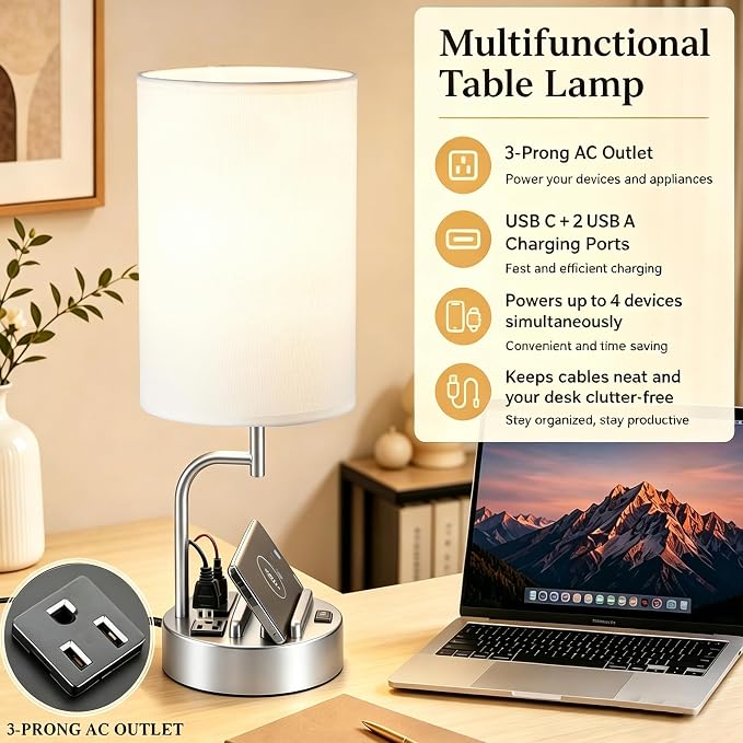 Dreamholder 2 Pack Table Lamp, Bedside Lamp with 3 USB Charging Ports & AC Outlet, USB Desk Lamp with 2 Phone Holders, Linen Fabric Shade Nightstand Lamps for Bedroom Living Room Office, Silver - Image 2