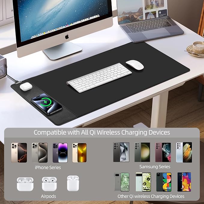 Wireless Charging Mouse Pad, Gaming Desk Mat with 20W Adapter, 31.5"x15.7" | Large XXL Desk Pad, Non-Slip Rubber Base, Ultra-Smooth Surface, Waterproof Computer Keyboard Pad for Home Office, Black - Image 7