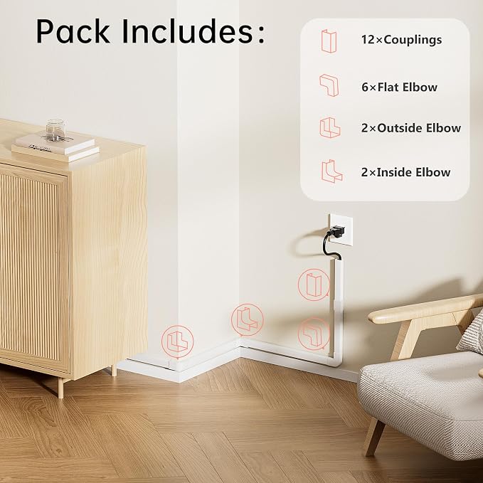 Yecaye 283in Cord Hider, PVC Wire Covers for Cord on Wall, W0.94in H0.55in | Medium Wire Covers for 2-3 Cords on Wall, Self-Adhesive Cable Raceway - Image 3