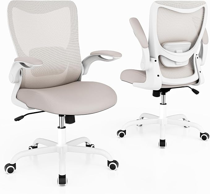 Office Chair, Ergonomic Desk Chair with Adjustable Lumbar Support and Flip up Armrest, Breathable Mesh Computer Chair for Home Office, Khaki - Image 6