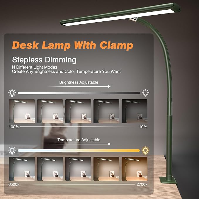 Airlonv LED Desk Lamp with Clamp, 17" Stepless Dimming Light, Green | 2700K-6500K, 100 LEDs, 360° Gooseneck, Fits Up to 30" Monitors, Flicker-Free Lighting for Home Office, Study& Workbench - Image 2
