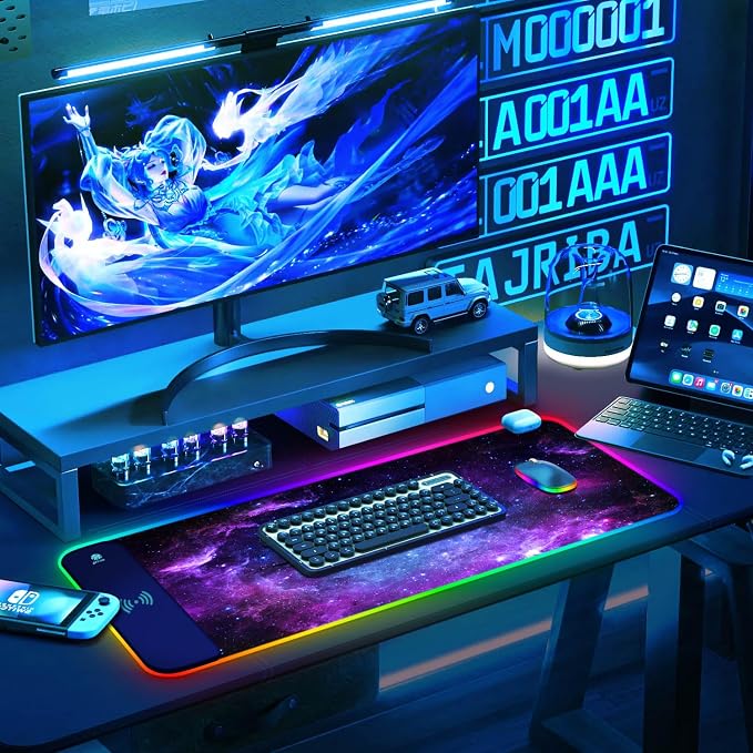 ToLuLu RGB Gaming Wireless Charging Mouse Pad, 7.5/10/15W 10 Light Modes LED Mouse Pad Computer Keyboard Mat Mousepad, 800x300x4MM Extended Large Desk Mat for MacBook, Laptop, PC, Purple Galaxy Space - Image 9