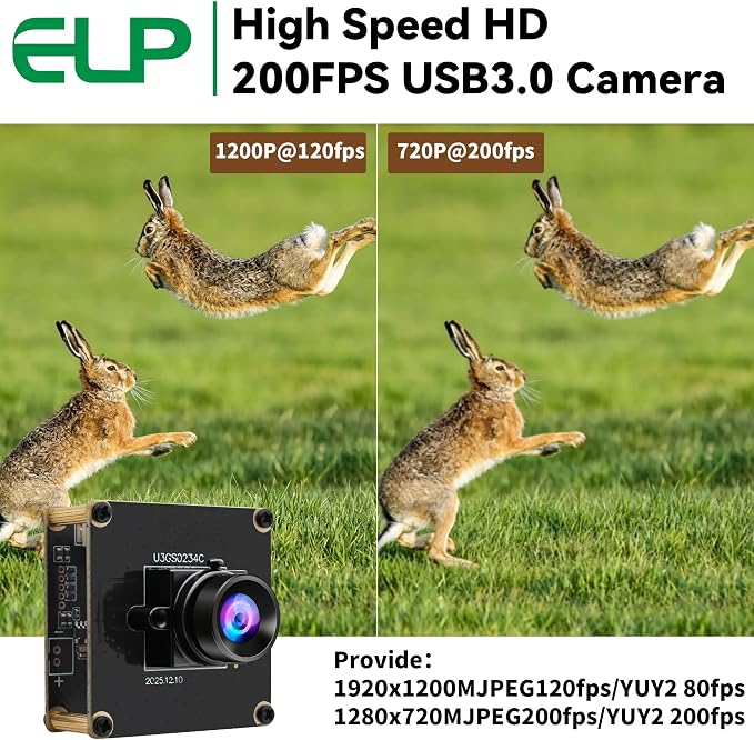 ELP High Speed 200FPS Global Shutter USB3.0 Camera Module Wide Angle 100° Webcam Board for Computer Mini UVC USB3.0/2.0 PC Camera Fast Frame 1200P 120fps Lightburn Cameras for Laser AR0234 Webcamera - Image 2