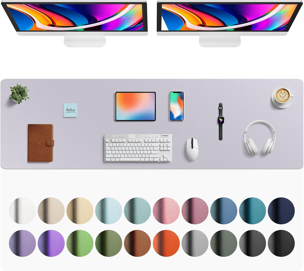 Aothia Faux Leather Desk Mat - Large Mouse Pad, Non-Slip PU Leather Blotter, Waterproof Writing Surface for Office and Home (Smoky Lavender, 63" x 17") by Aothia