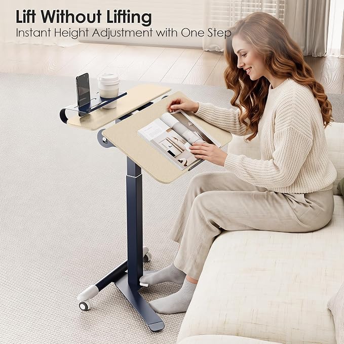 ROMOON Portable Standing Desk with Wheels, Height Adjustable Mobile Desk | Rolling Laptop Cart with Tilt Top, Storage, 24" Sit-Stand Computer Table for Home Office, Bedroom, Small Spaces, Oat Yellow - Image 2