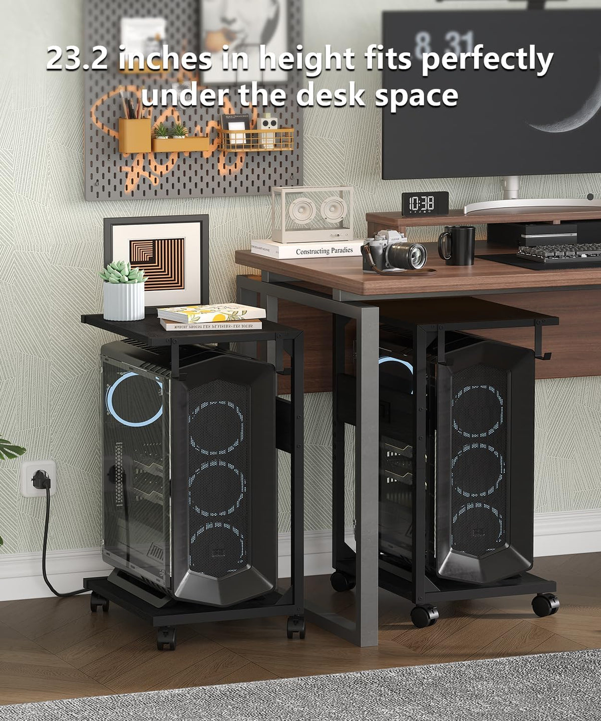2 Tier Computer Tower Stand with Charging Station, 11.8" D x 16.5" W Rolling Floor PC Tower Stand Fits Under Desk, CPU Holder Cart for Carpet with Hooks, Home Office - Image 4